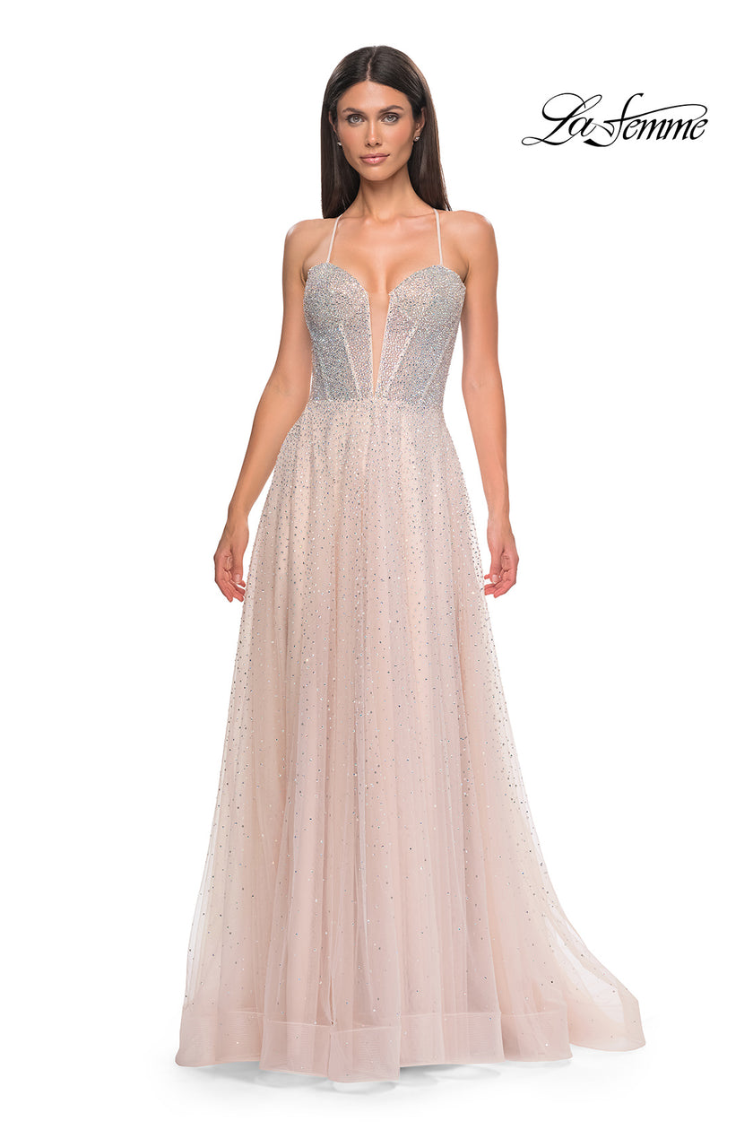 Picture of: Prom Gown with Rhinestone Tulle and Illusion Corset Bodice in Blush , Style 32725, Detail Picture 6