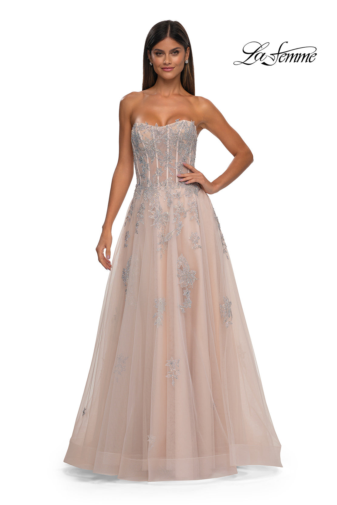 Picture of: Tulle A-line Prom Dress with Gorgeous Rhinestone Lace Applique in Blush, Style: 33028, Detail Picture 6