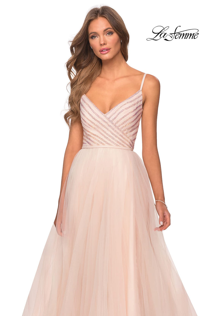 Picture of: Tulle A-line Dress with Patterned Rhinestone Bodice in Blush, Style: 28511, Detail Picture 7