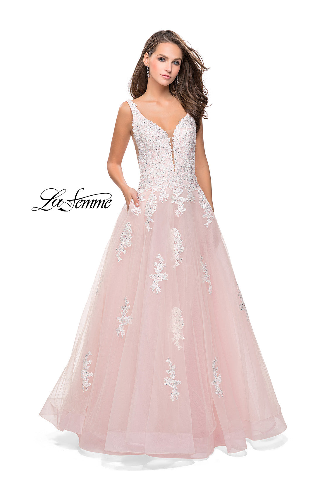 Picture of: Long Tulle Ball Gown with Lace Applique and Side Cut Outs in Blush White, Style: 25624, Detail Picture 3