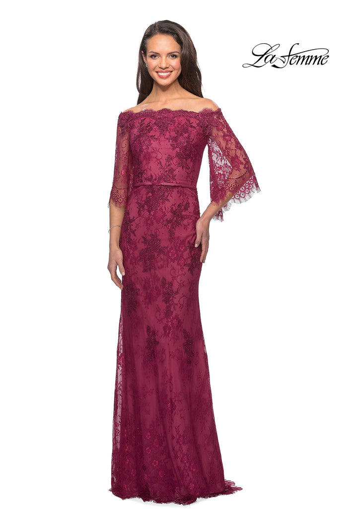 Picture of: Long Lace Gown with Off the Shoulder Flare Sleeves in Boysenberry, Style: 25317, Main Picture