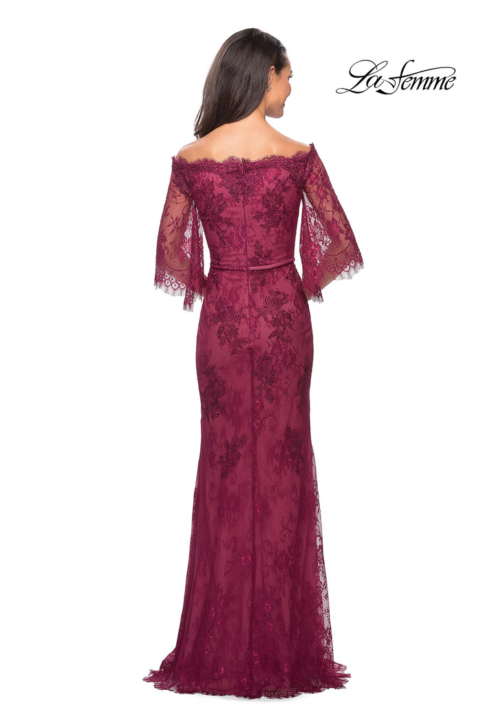 Picture of: Long Lace Gown with Off the Shoulder Flare Sleeves in Boysenberry, Style: 25317, Back Picture