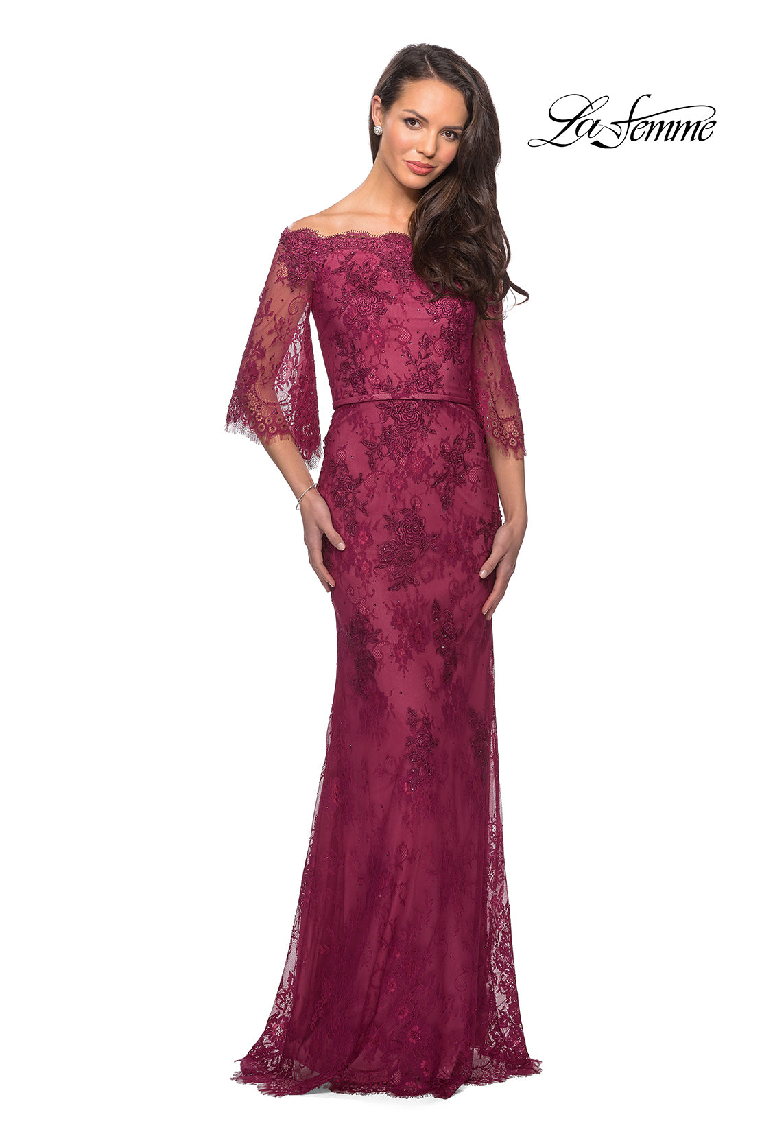 Picture of: Long Lace Gown with Off the Shoulder Flare Sleeves in Boysenberry, Style: 25317, Detail Picture 1