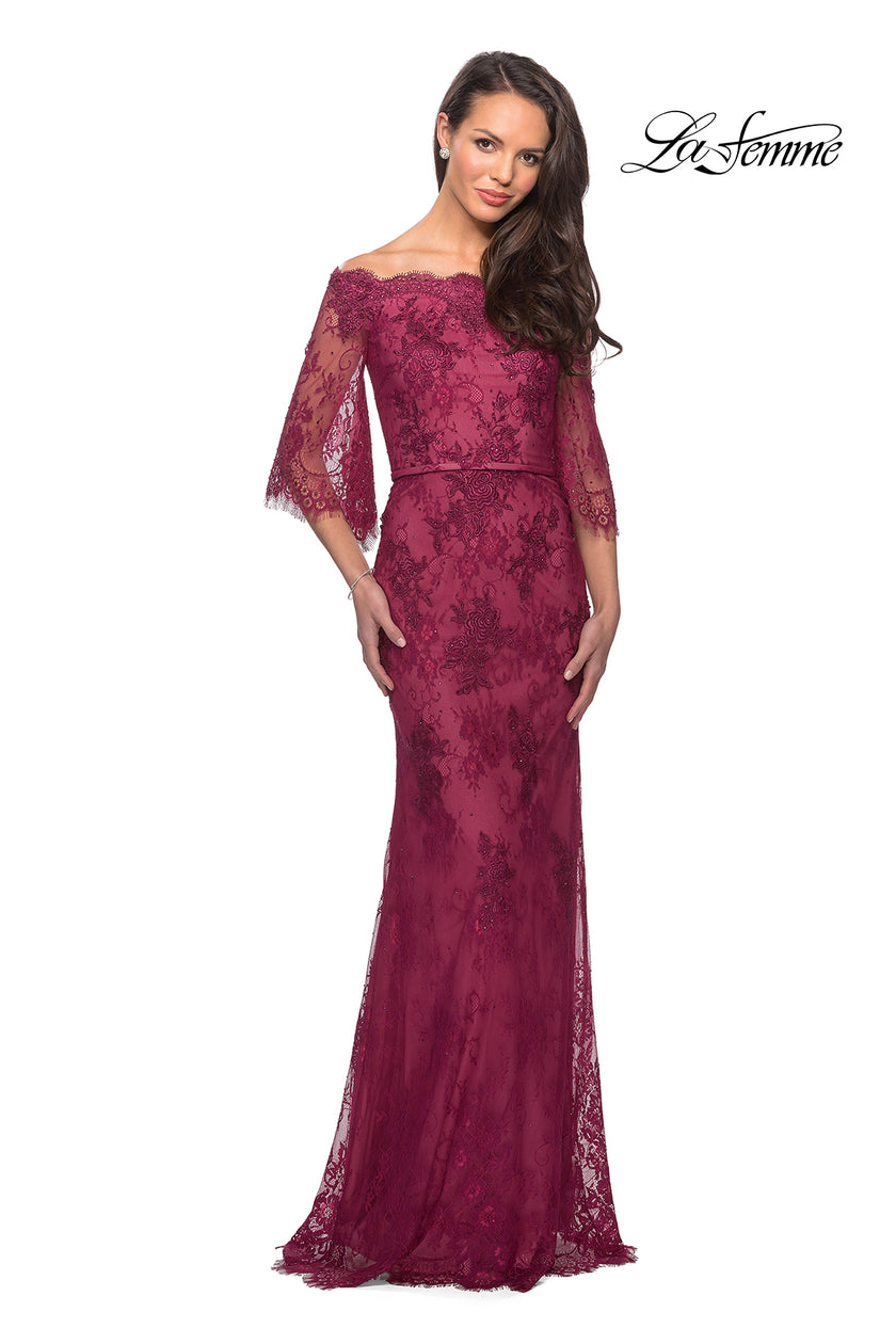 Picture of: Long Lace Gown with Off the Shoulder Flare Sleeves in Boysenberry, Style: 25317, Detail Picture 1