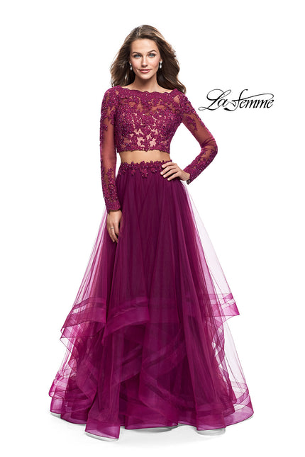 Picture of: Long Two Piece Prom Dress with Tulle Skirt and Lace Top in Boysenberry, Style: 25300, Main Picture