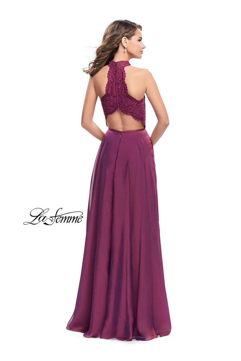 Picture of: Long A Line Chiffon Dress with Lace Up Neckline in Boysenberry, Style: 25347, Back Picture