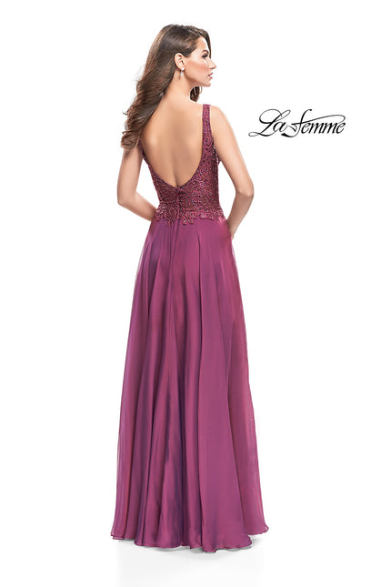 Picture of: Long Evening Gown with Chiffon Skirt and Scoop Open Back in Boysenberry, Style: 25513, Back Picture