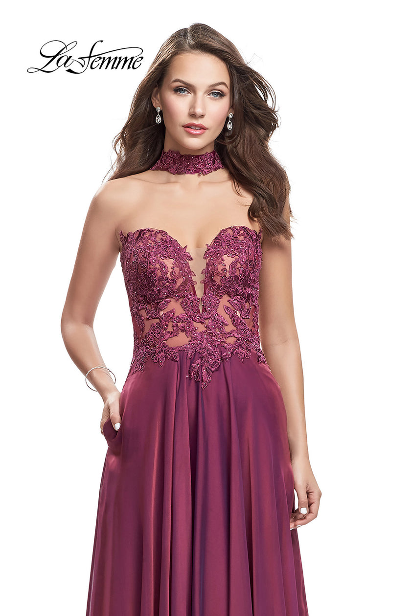Picture of: Long Strapless Prom Dress with Pockets and Choker in Boysenberry, Style: 25450, Detail Picture 1