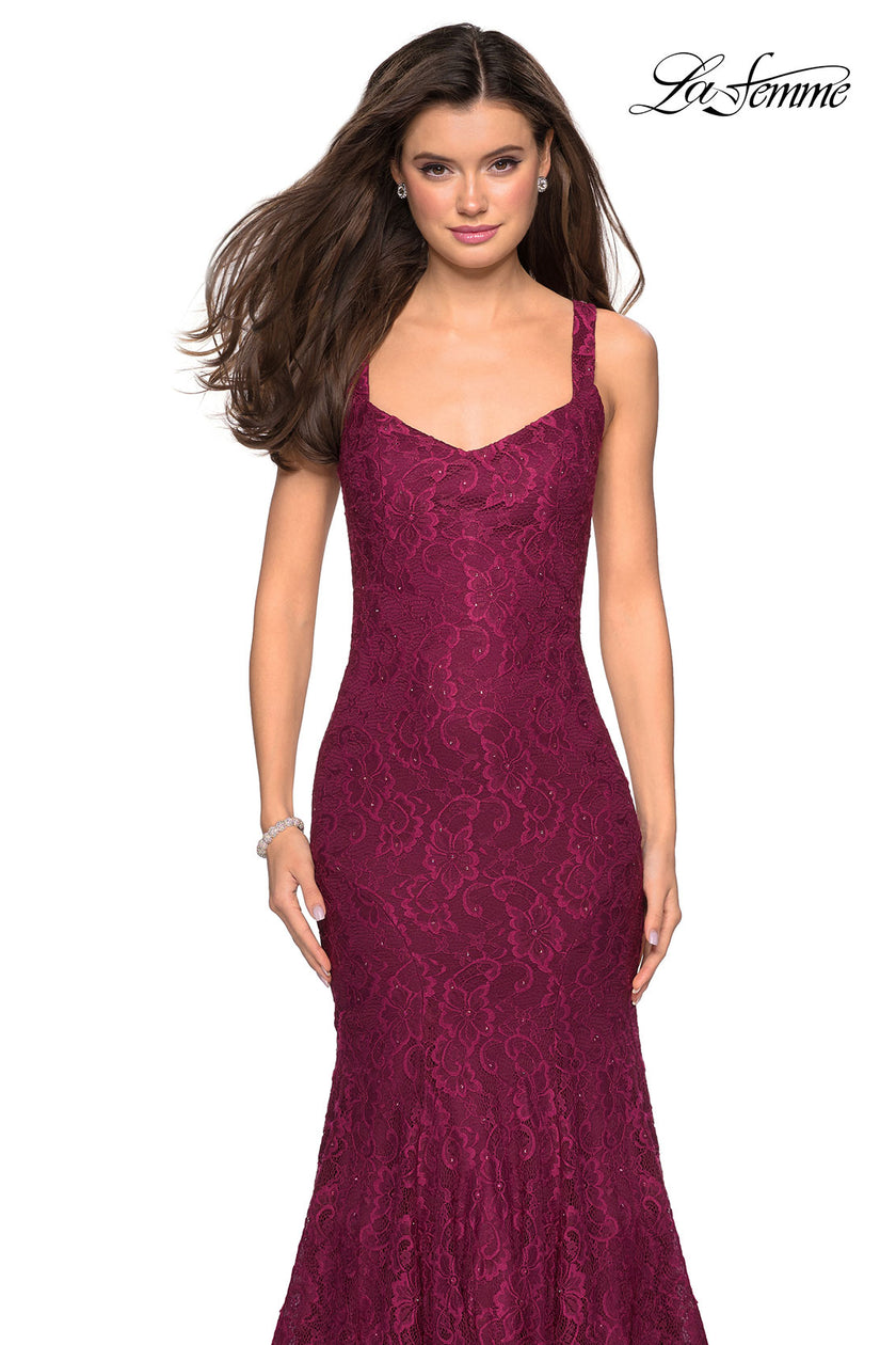 Picture of: Open Back Stretch Lace Long Prom Dress in Boysenberry, Style: 27709, Detail Picture 3