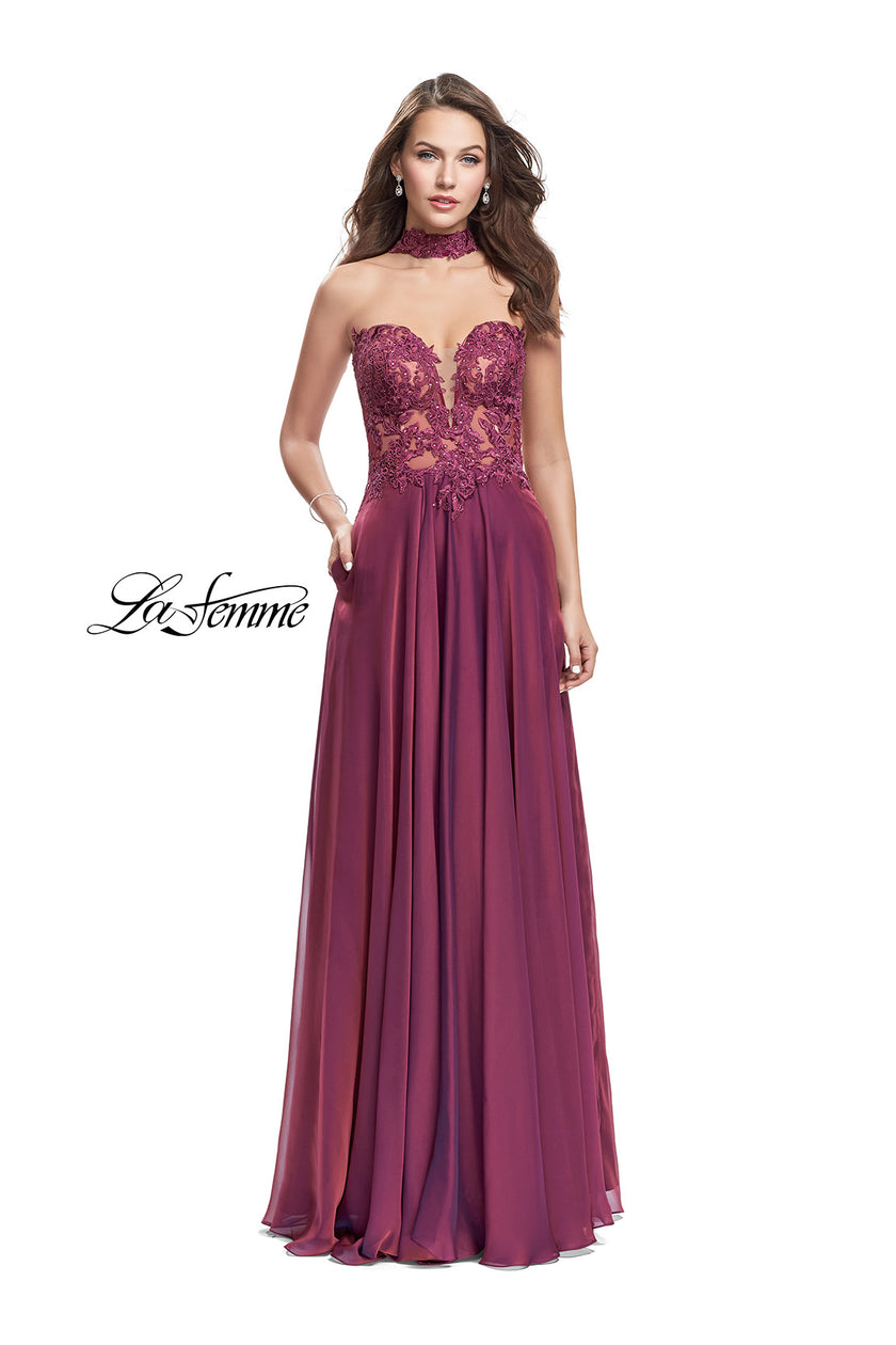 Picture of: Long Strapless Prom Dress with Pockets and Choker in Boysenberry, Style: 25450, Detail Picture 6