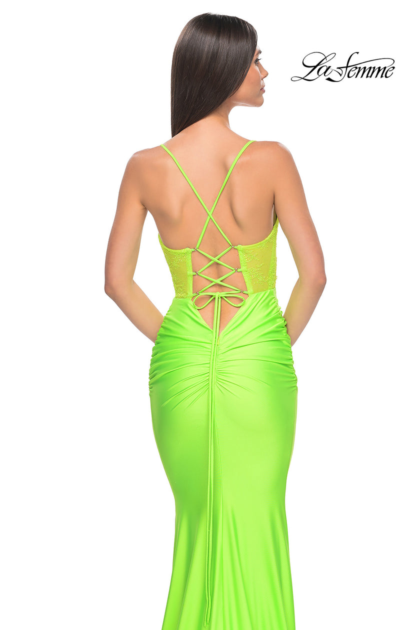 Picture of: Neon Ruched Jersey Dress with Illusion Corset Lace Top in Bright Green, Style: 32322, Detail Picture 10