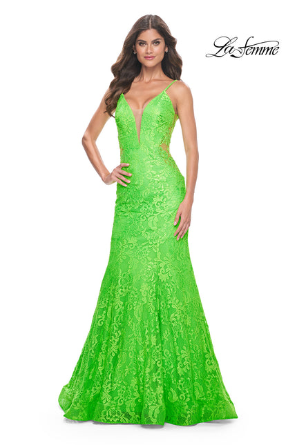 Picture of: Neon Long Mermaid Lace Dress with Back Rhinestone Detail in Bright Green, Style: 32314, Detail Picture 1