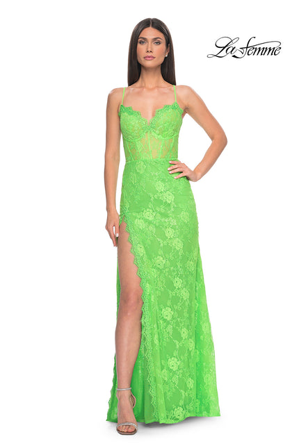 Picture of: Scallop Detail Lace Fitted Prom Dress with Illusion Bodice in Bright Green, Style: 32441, Detail Picture 2
