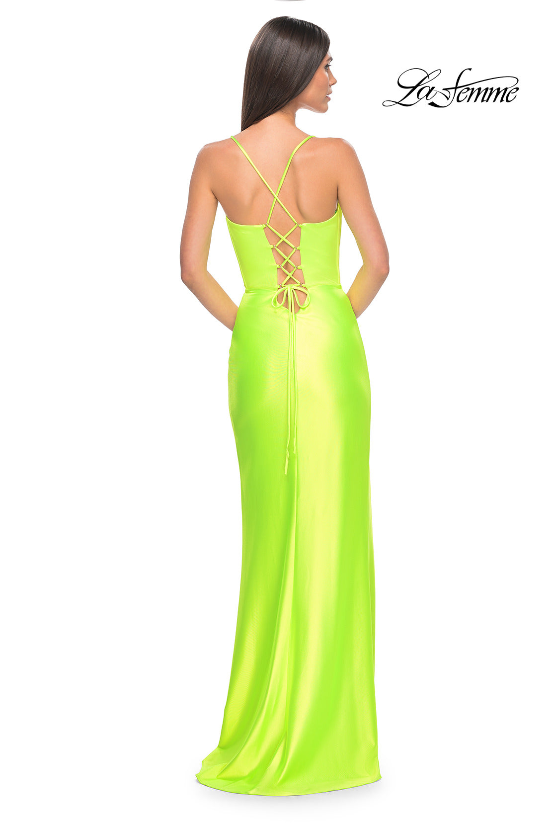 Picture of: Neon Stretch Satin Gown with Bustier Top and Lace Up Back in Bright Green, Style: 32262, Detail Picture 6