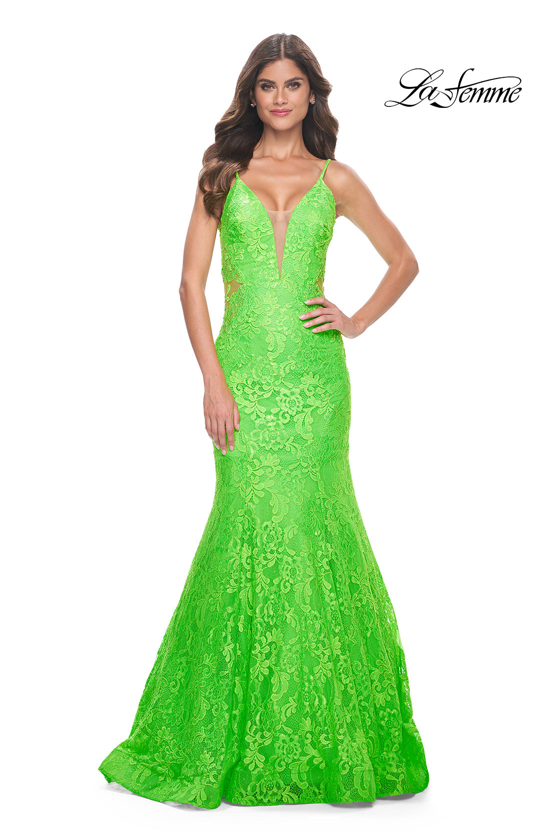 Picture of: Neon Long Mermaid Lace Dress with Back Rhinestone Detail in Bright Green, Style: 32314, Detail Picture 6