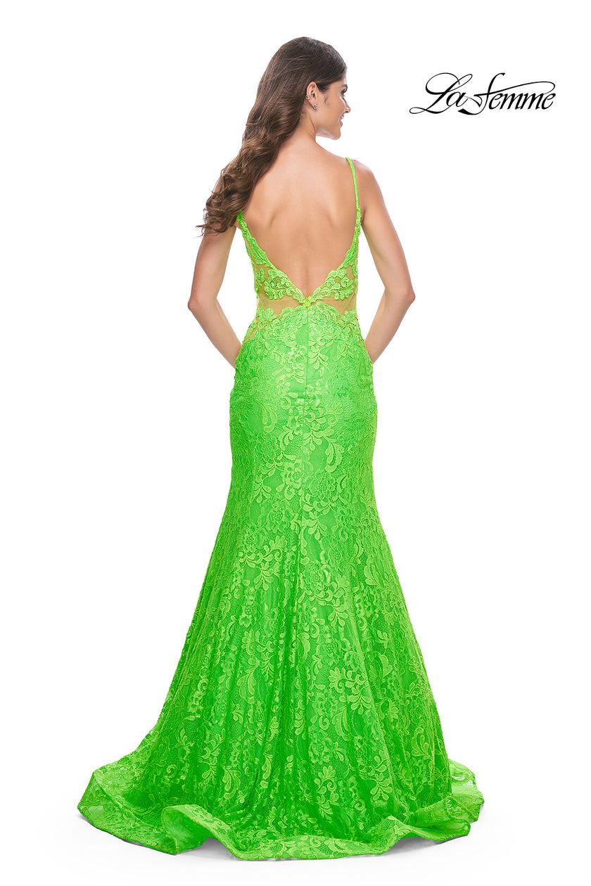 Picture of: Neon Long Mermaid Lace Dress with Back Rhinestone Detail in Bright Green, Style: 32314, Detail Picture 7