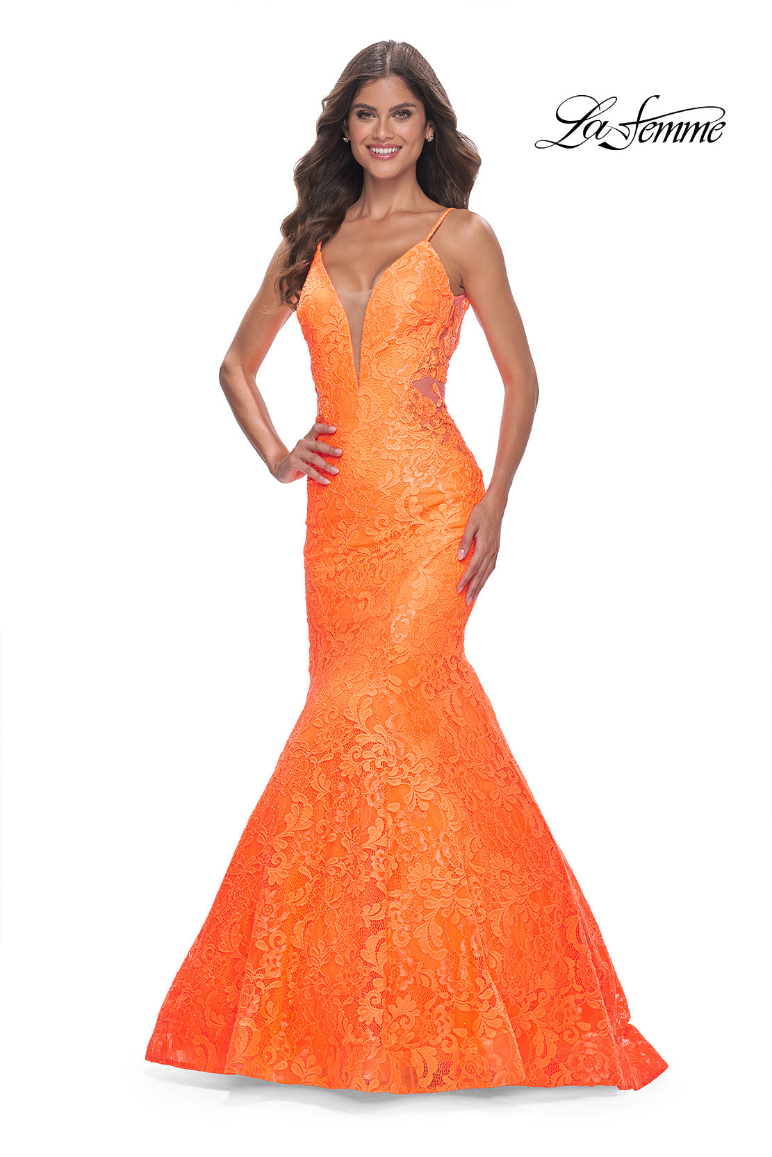 Picture of: Neon Long Mermaid Lace Dress with Back Rhinestone Detail in Bright Orange, Style: 32314, Main Picture