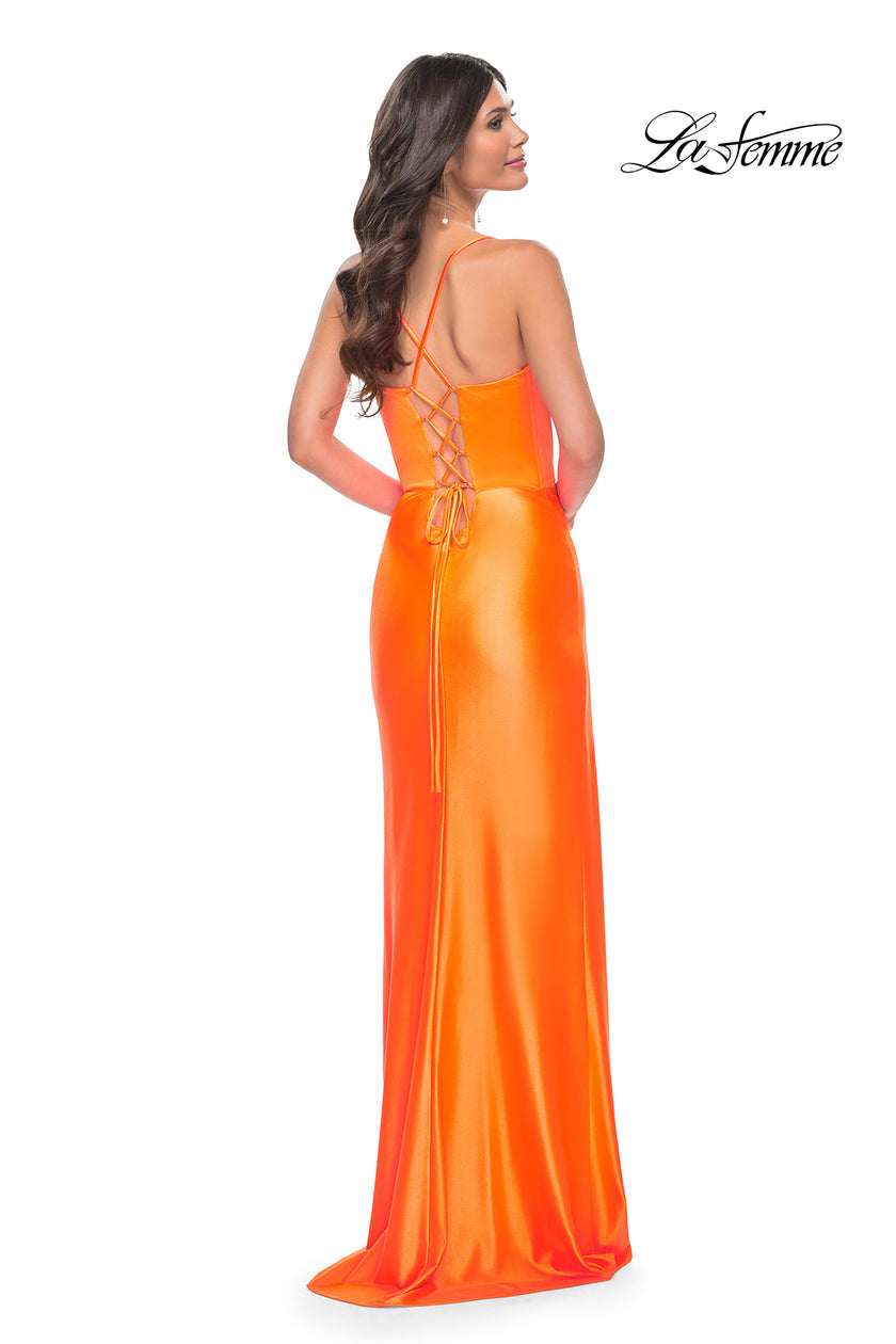 Picture of: Neon Stretch Satin Gown with Bustier Top and Lace Up Back in Bright Orange, Style: 32262, Detail Picture 8