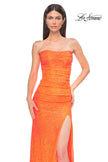 Picture of: Simple Long Stretch Lace Prom Dress with Ruching in Bright Orange, Style 32773, Detail Picture 11