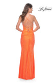 Picture of: Neon Rhinestone Embellished Ruched Prom Dress with Draped Neckline in Bright Orange, Style: 31968, Detail Picture 12