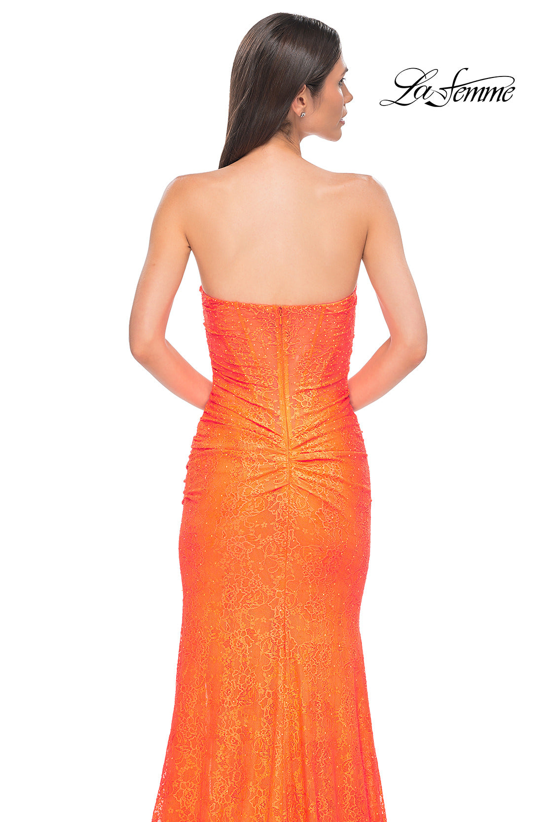 Picture of: Simple Long Stretch Lace Prom Dress with Ruching in Bright Orange, Style 32773, Detail Picture 12