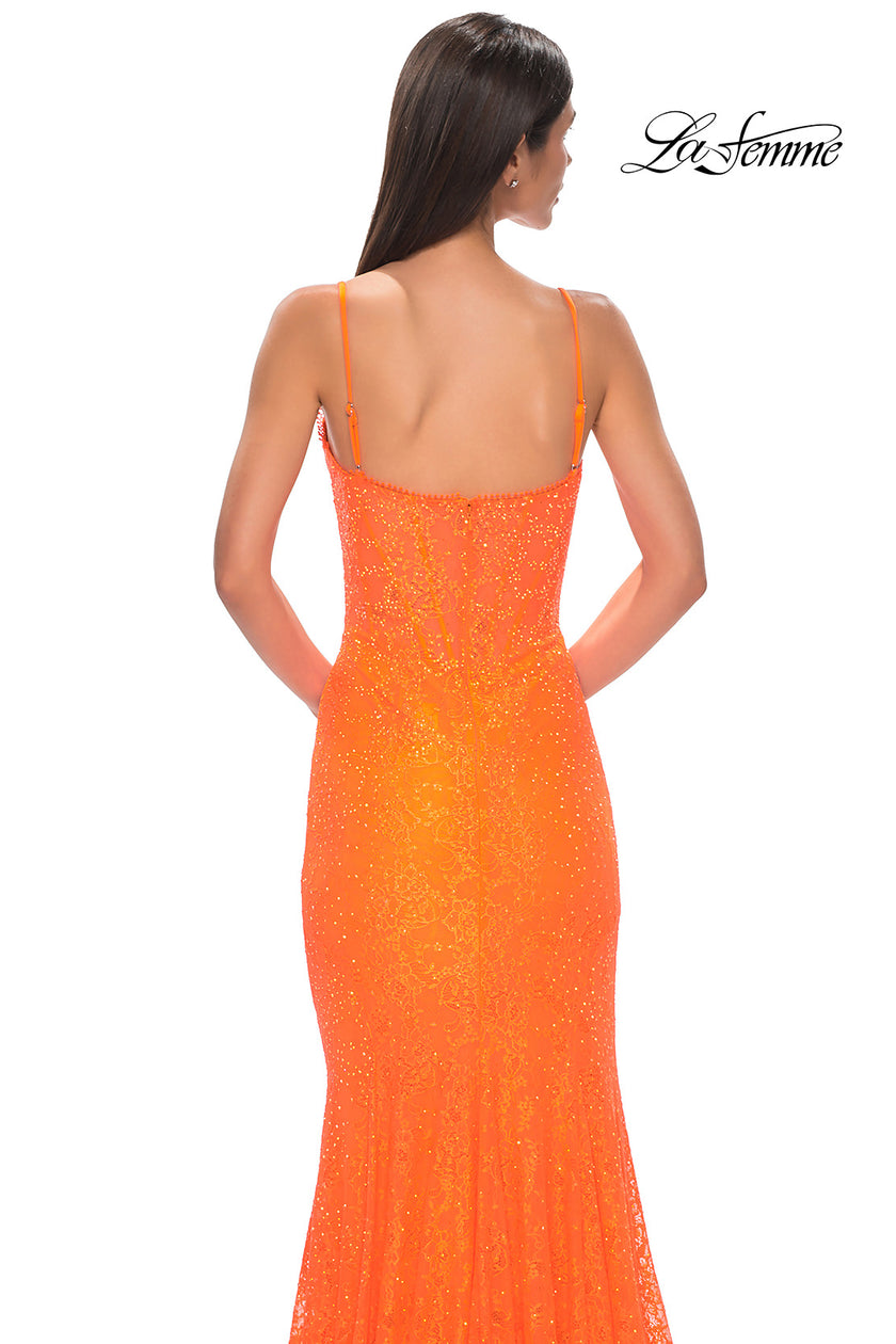 Picture of: Stretch Satin Prom Dress with Eyelet Detail Neckline in Bright Orange, Style 32671, Detail Picture 15