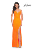 Picture of: Neon Rhinestone Fishnet Fitted Dress with Corset Top in Bright Orange, Style: 32427, Detail Picture 2