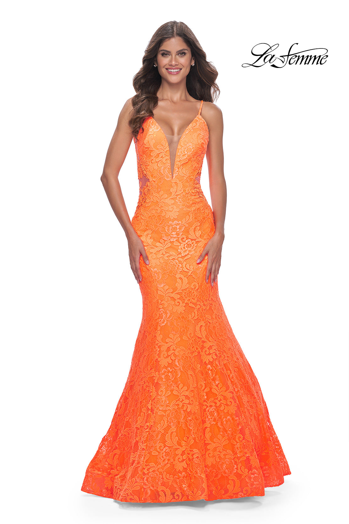 Picture of: Neon Long Mermaid Lace Dress with Back Rhinestone Detail in Bright Orange, Style: 32314, Detail Picture 3