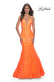 Picture of: Neon Long Mermaid Lace Dress with Back Rhinestone Detail in Bright Orange, Style: 32314, Detail Picture 3