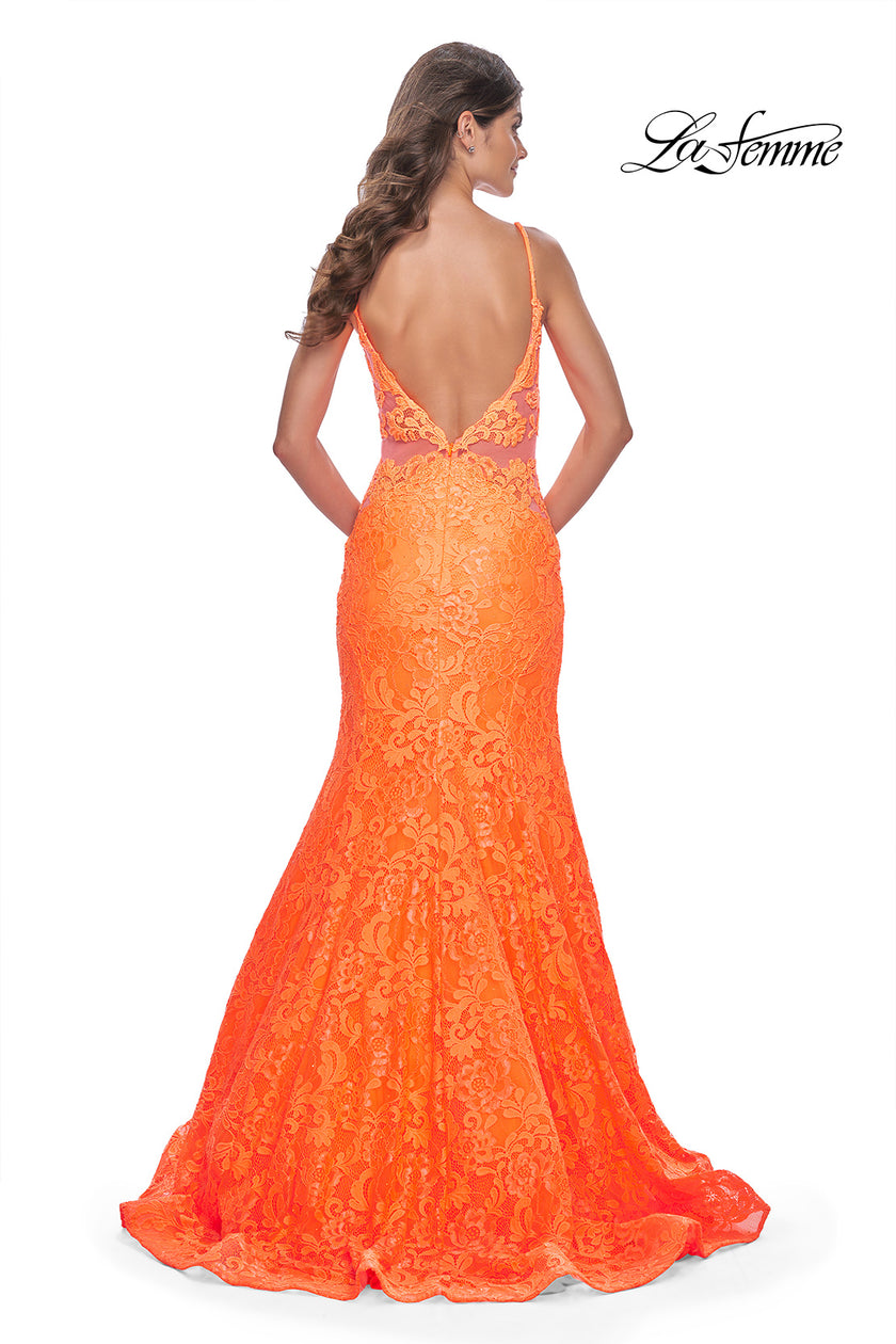 Picture of: Neon Long Mermaid Lace Dress with Back Rhinestone Detail in Bright Orange, Style: 32314, Detail Picture 4