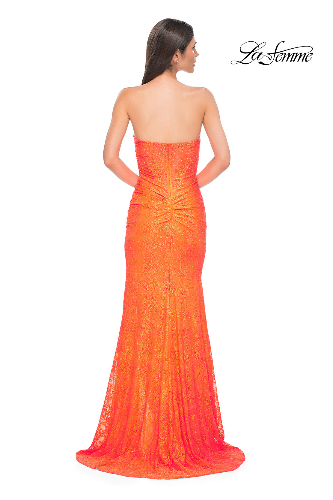 Picture of: Simple Long Stretch Lace Prom Dress with Ruching in Bright Orange, Style 32773, Detail Picture 6