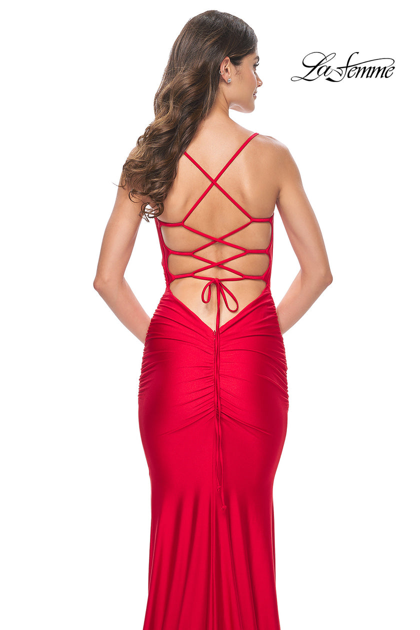 Picture of: Fitted Long Jersey Prom Dress with Ruching and Lace Up Back in Red, Style: 31618, Detail Picture 15