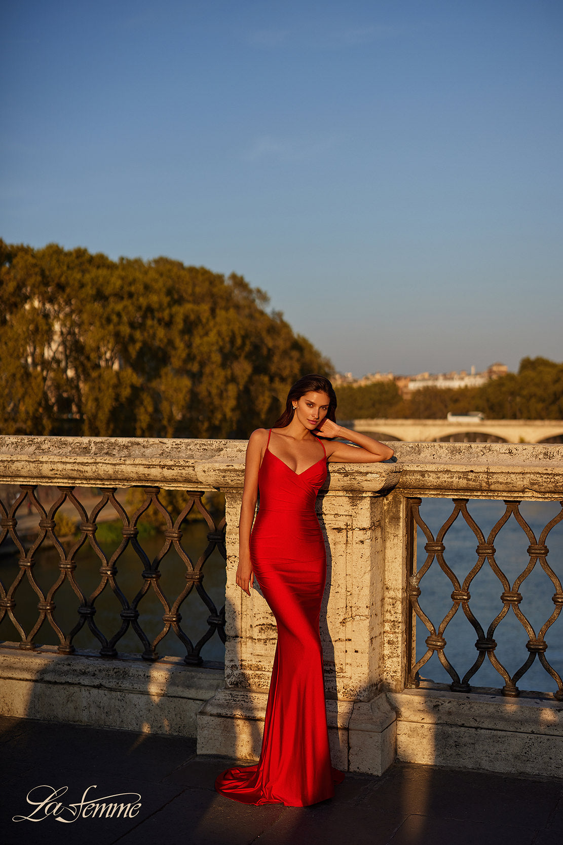 Picture of: Fitted Long Jersey Prom Dress with Ruching and Lace Up Back in Red, Style: 31618, Detail Picture 2