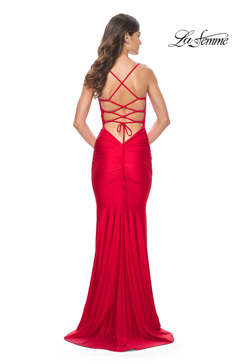 Picture of: Fitted Long Jersey Prom Dress with Ruching and Lace Up Back in Red, Style: 31618, Detail Picture 5