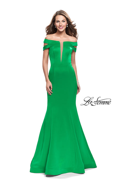 Picture of: Satin Off the Shoulder Mermaid Prom Dress with V Neck in Bright Emerald, Style: 25903, Detail Picture 2