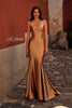 Picture of: Chic Stretch Satin Gown with Corset Top and Flare Skirt in Bronze , Style 32555, Main Picture