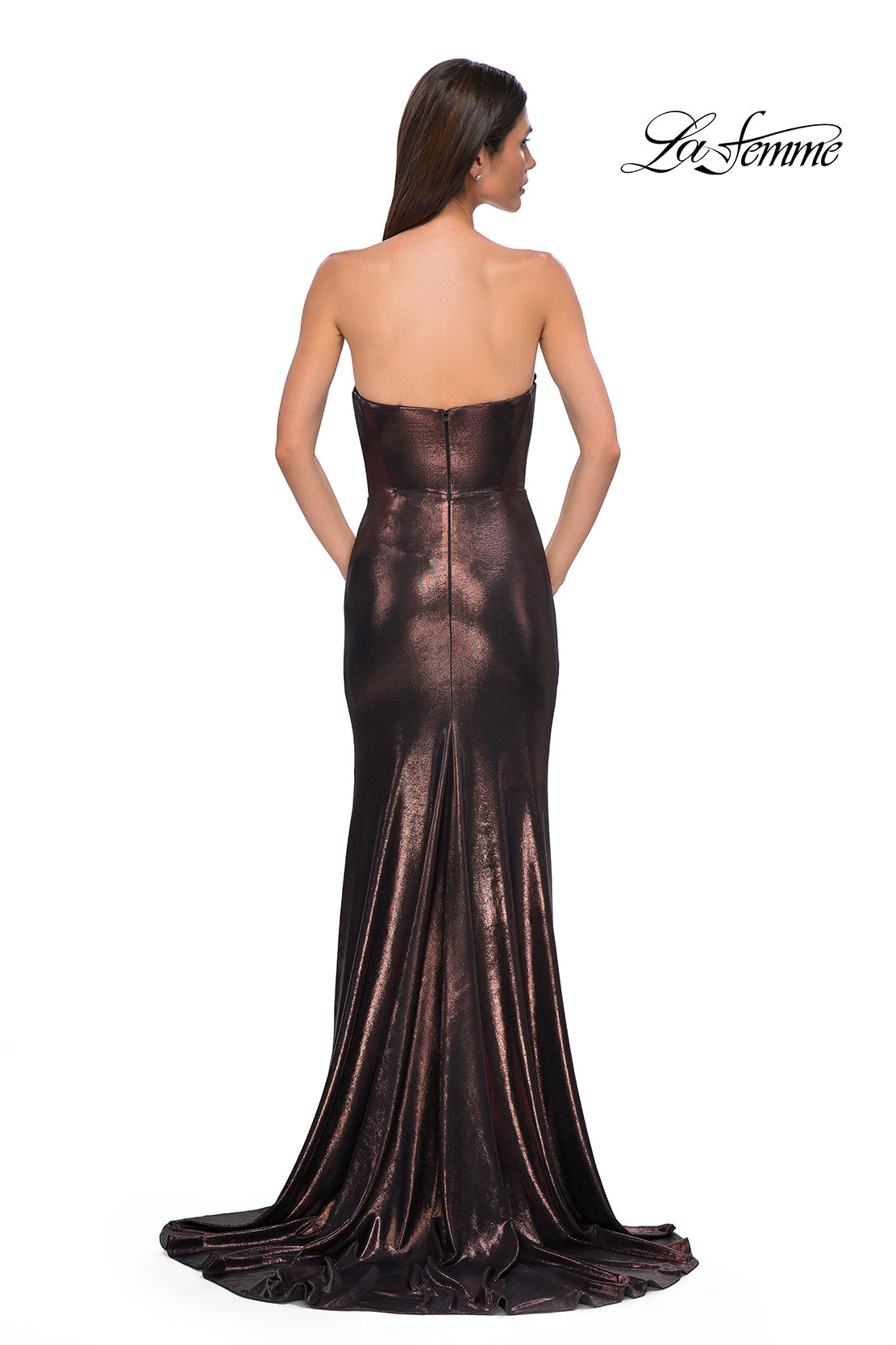 Picture of: Strapless Draped Neckline Prom Dress in Metallic Jersey in Bronze , Style 32828, Detail Picture 11