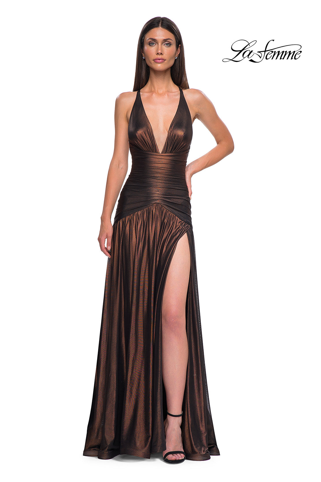 Picture of: Beautiful Long Metallic Net Jersey Gown with Flattering Ruching in Bronze , Style 32887, Detail Picture 11