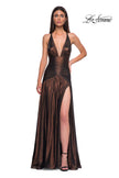 Picture of: Beautiful Long Metallic Net Jersey Gown with Flattering Ruching in Bronze , Style 32887, Detail Picture 11