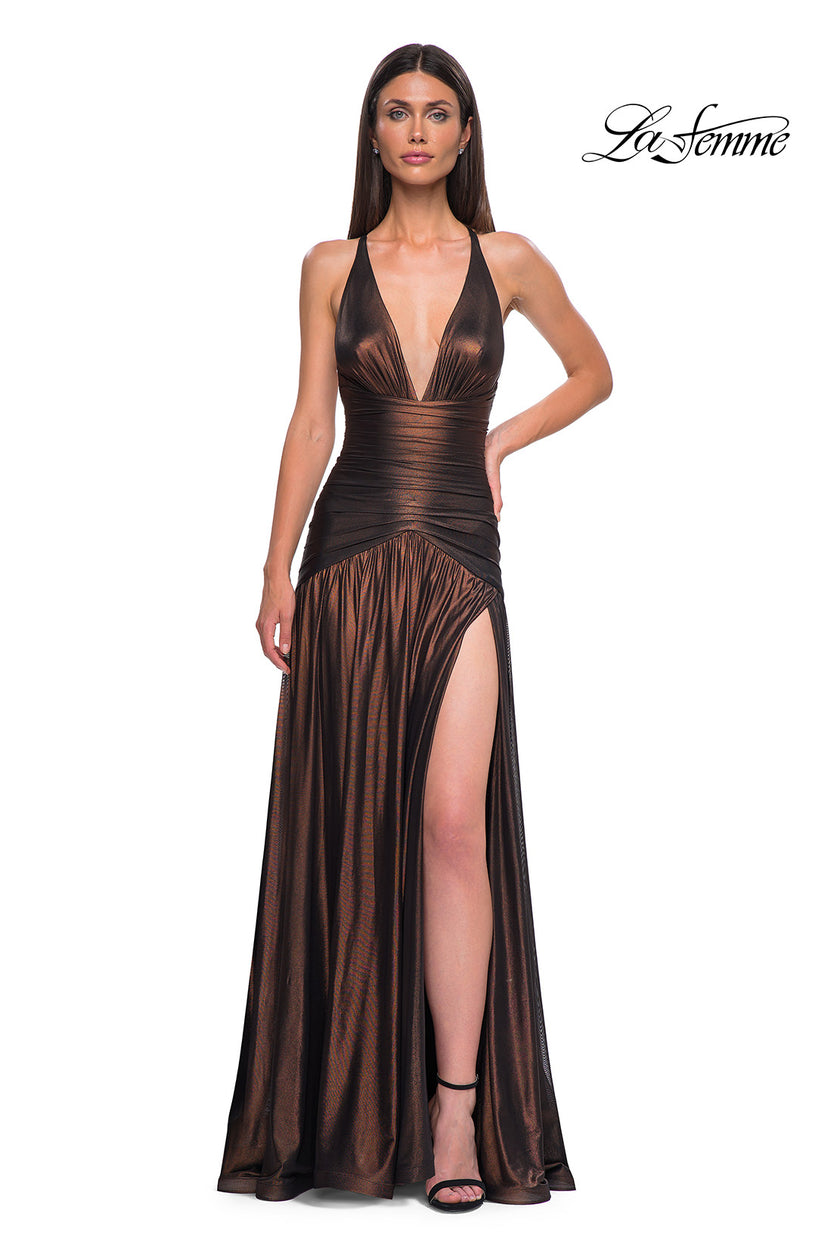 Picture of: Beautiful Long Metallic Net Jersey Gown with Flattering Ruching in Bronze , Style 32887, Detail Picture 11