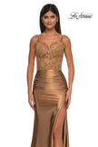 Picture of: Ruched Satin Evening Dress with Sheer Lace Top and Scallop Neckline in Bronze , Style: 32689, Detail Picture 13