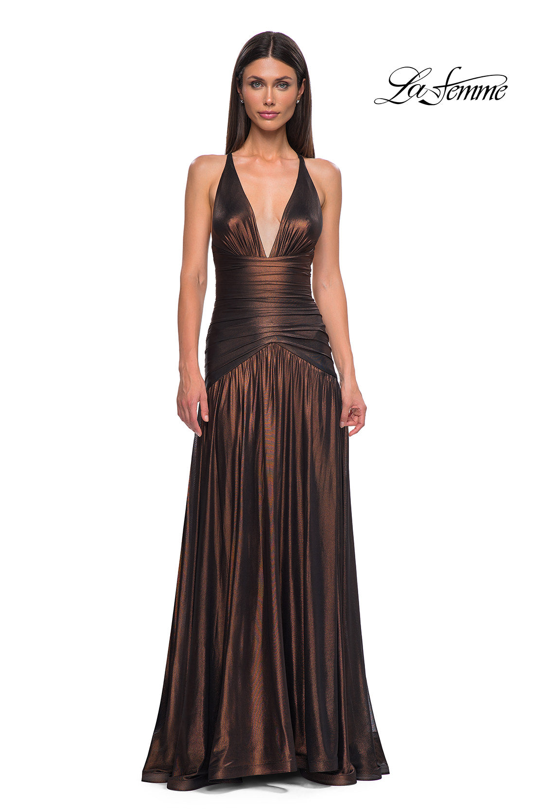 Picture of: Beautiful Long Metallic Net Jersey Gown with Flattering Ruching in Bronze , Style 32887, Detail Picture 13