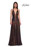 Picture of: Beautiful Long Metallic Net Jersey Gown with Flattering Ruching in Bronze , Style 32887, Detail Picture 13