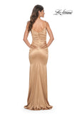 Picture of: Chic Stretch Satin Gown with V Neckline and Ruching in Bronze, Style: 32075, Back Picture