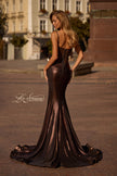 Picture of: Mermaid Metallic Jersey Dress with Draped Neckline in Bronze , Style 32897, Back Picture