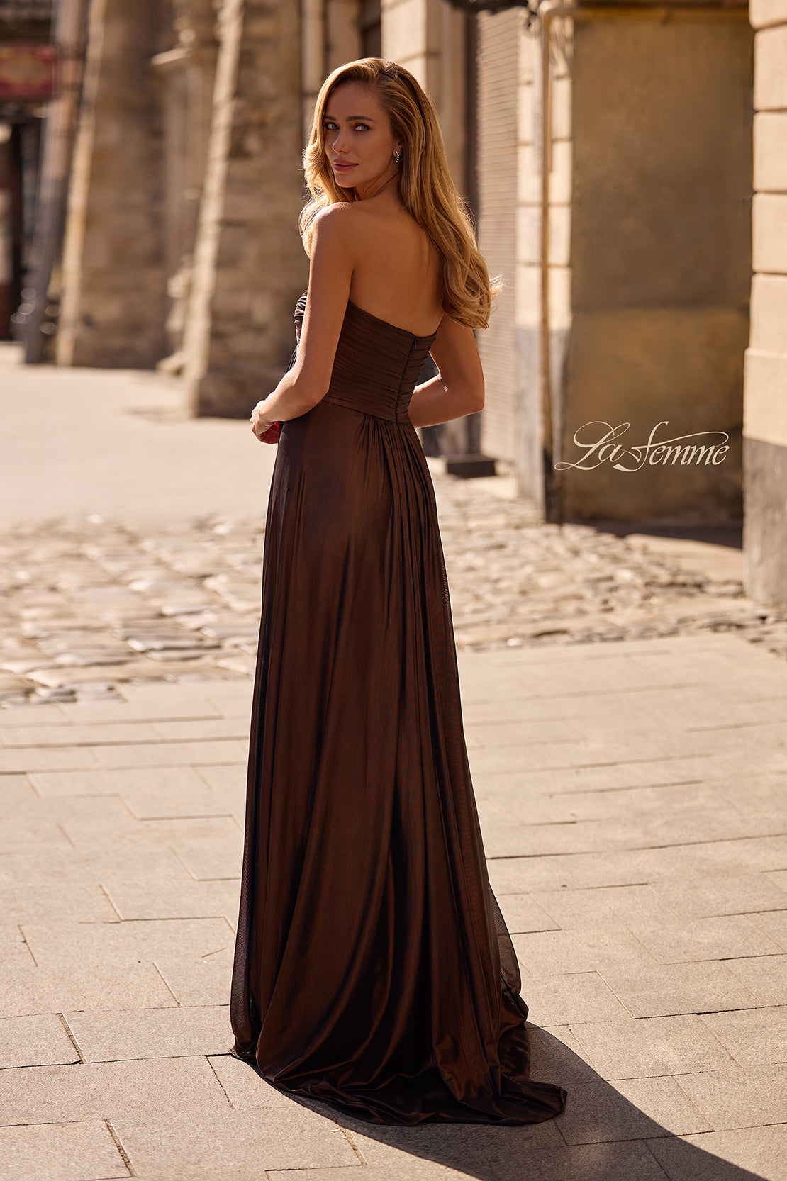 Picture of: Strapless Metallic Prom Dress with Knot Detail in Bronze , Style 33047, Back Picture