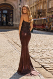 Picture of: Metallic Lace Evening Gown with Embroidered Bodice in Bronze, Style: 33466, Back Picture