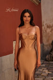 Picture of: Chic Stretch Satin Gown with Corset Top and Flare Skirt in Bronze , Style 32555, Detail Picture 1