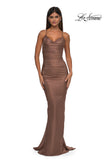 Picture of: Ruched Long Metallic Gown with Low Back and Criss Cross Straps in Bronze , Style: 32973, Detail Picture 1
