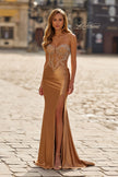 Picture of: Strapless Embellished Corset Gown with Satin Skirt in Bronze, Style: 33639, Detail Picture 1
